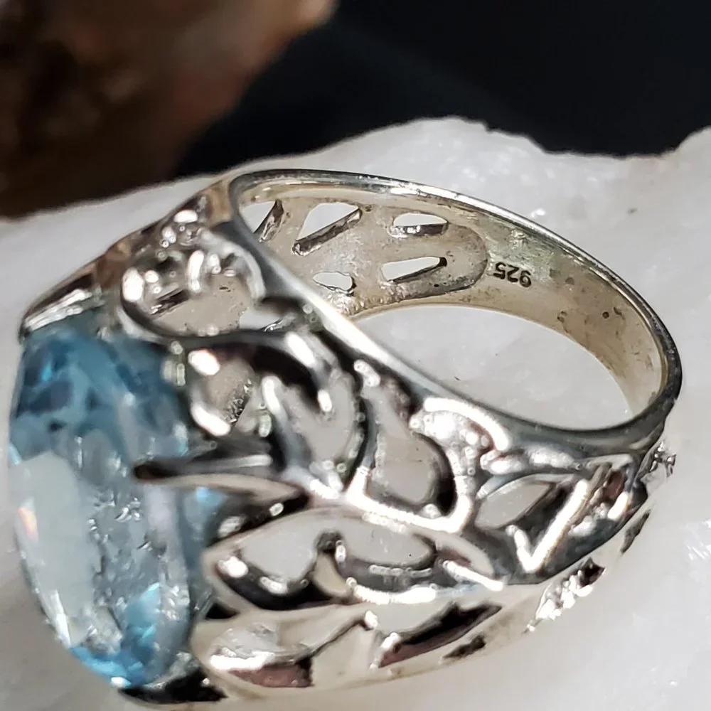 Big Silver Ring 925 Sterling Large Genuine Blue Topaz Gemstone Gift for Lady